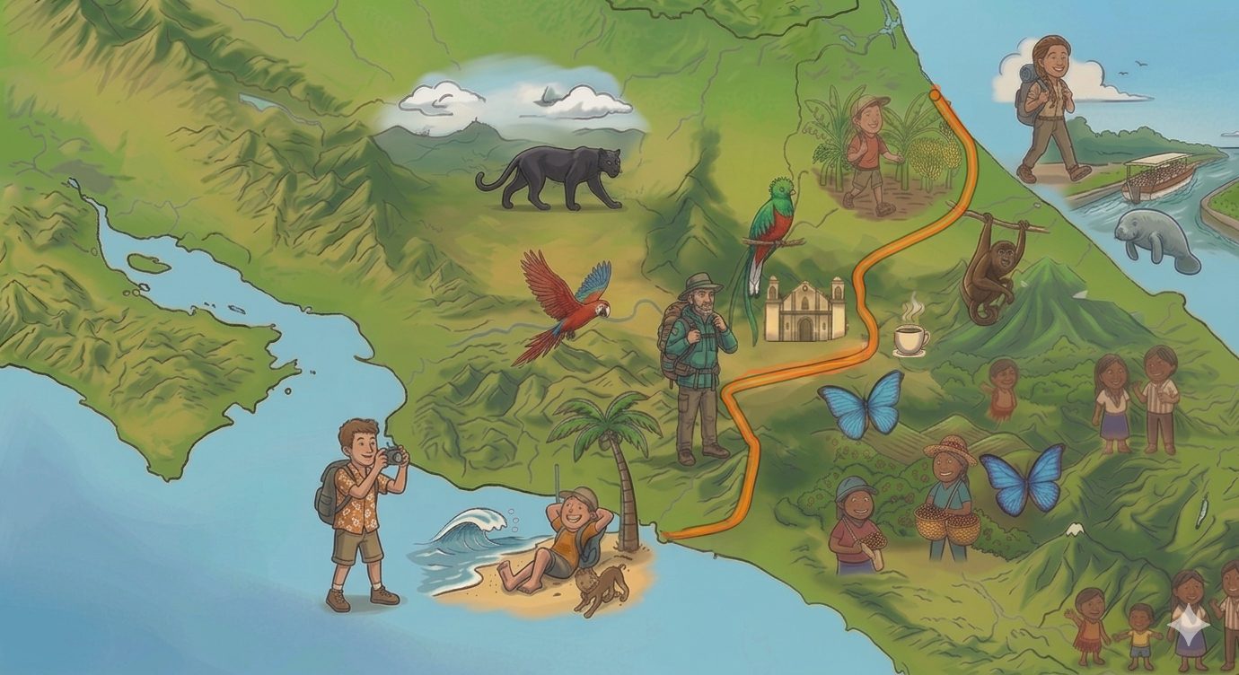 Map of El Camino de Costa Rica, from Parismina on the Caribbean to Quepos on the Pacific