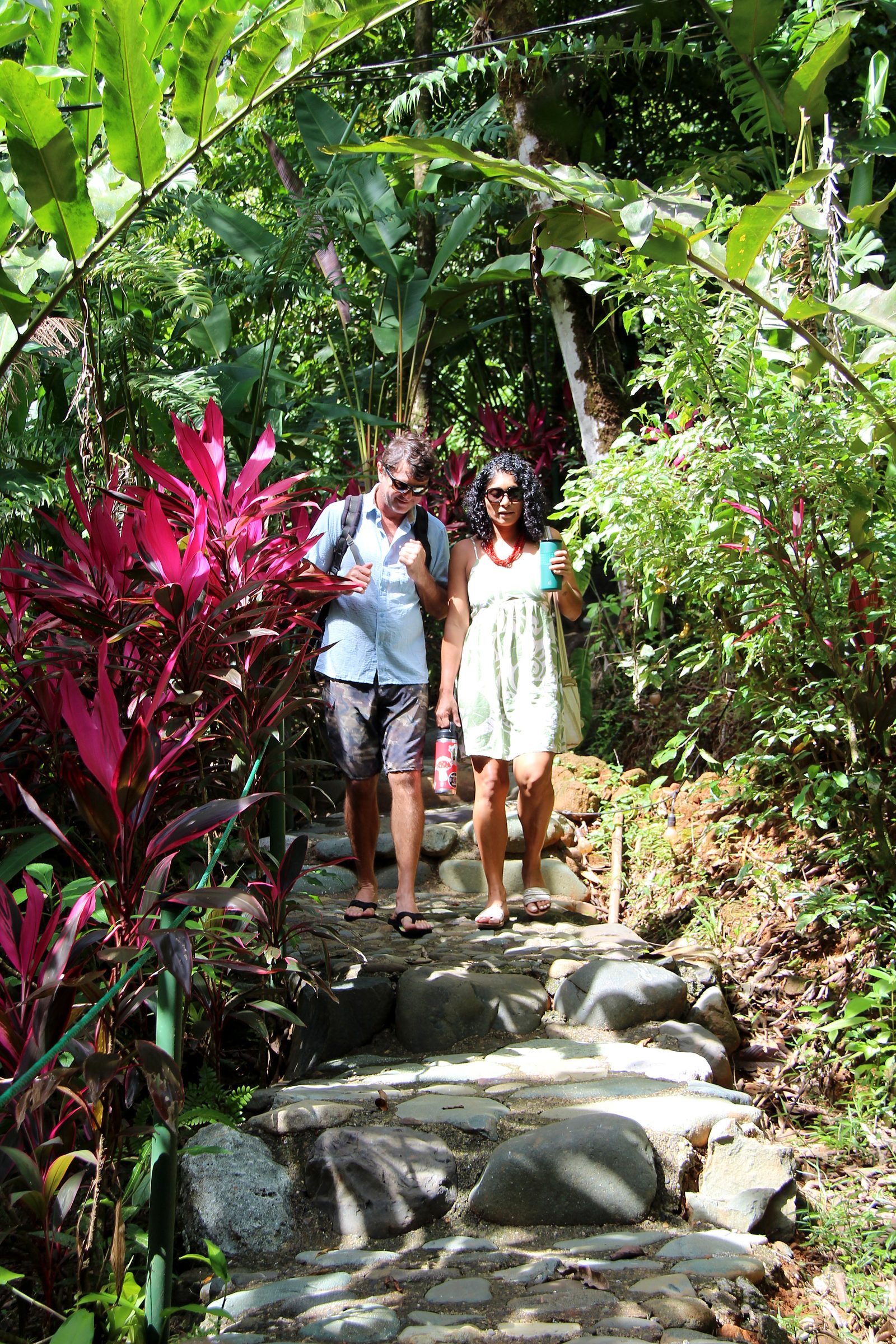 A couple walking up the stone path between red ti plants