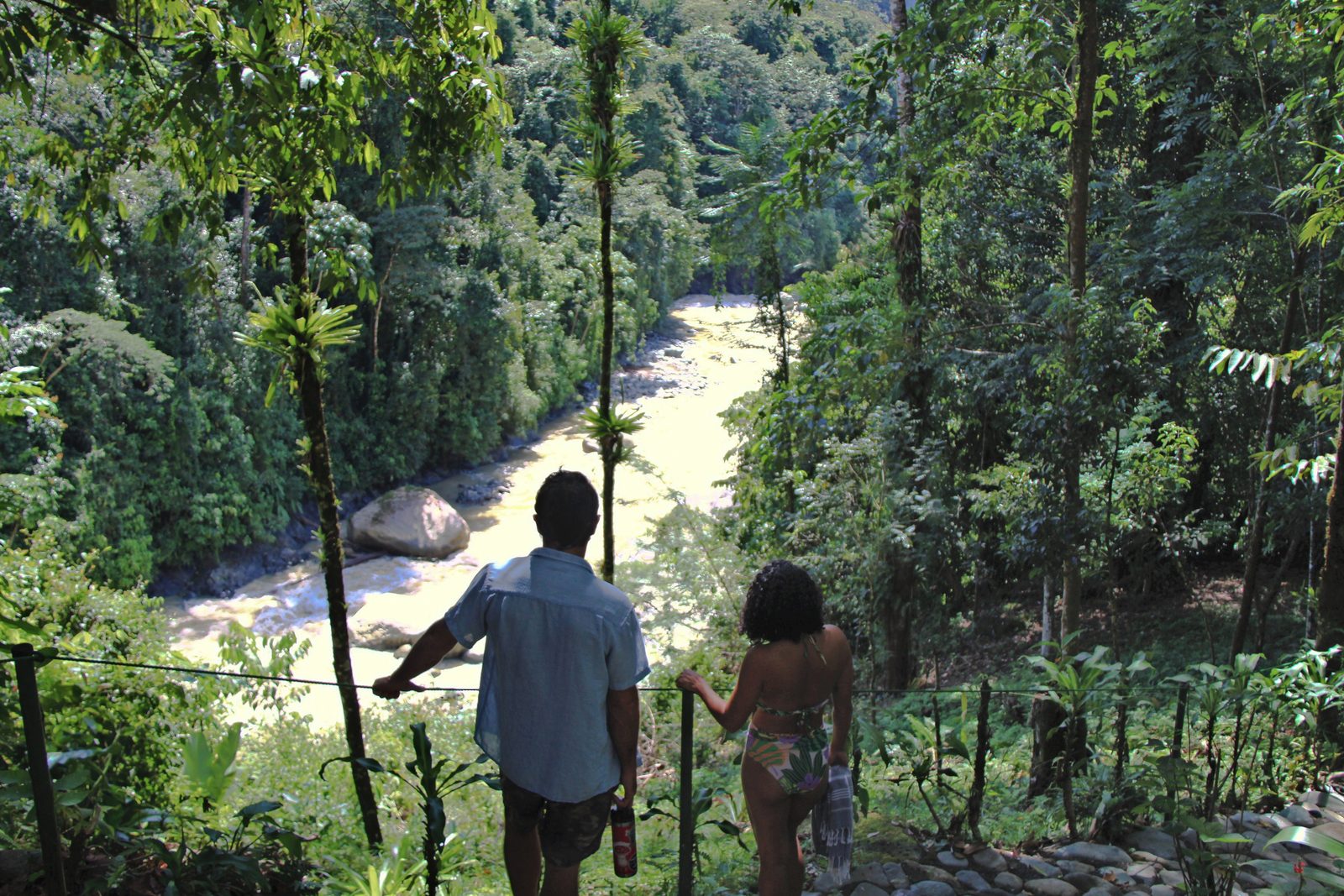 Two people at the rail, gazing down at the current winding through the jungle