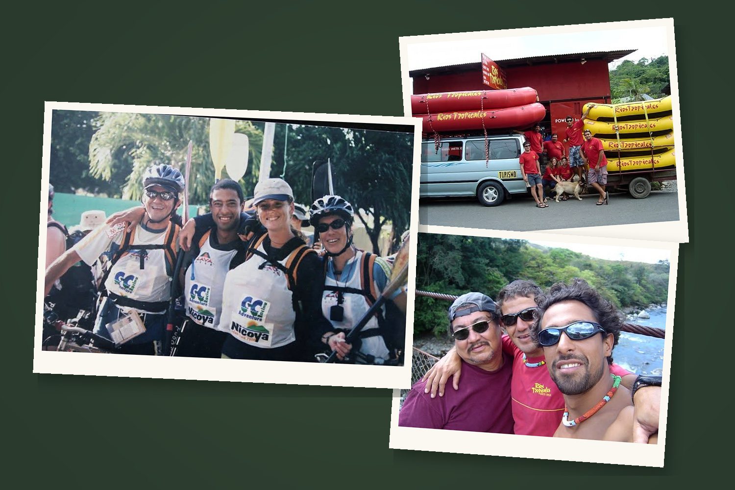 Old photos from the early years - an adventure race team, the old office in Quepos with the team and the rafts, and a day by the river